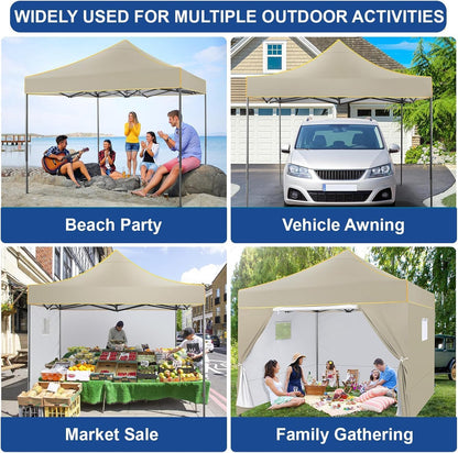 COBIZI 10x10 Heavy Duty Pop up Canopy with 4 Removable Sidewalls, Canopy Tent with Portable Bag, Ez Pop up Tent Commercial Gazebo Waterproof Sunshade for All Weather Party Camp Stall Patio,Khaki