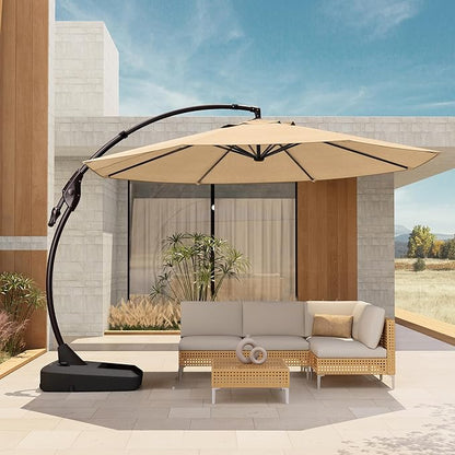 Grand patio 12 FT Sunbrella Outdoor Cantilever Umbrella with Base Patio Large Aluminum Offset Umbrella for Deck Yard (Flax-SUNBRELLA, 12 FT)