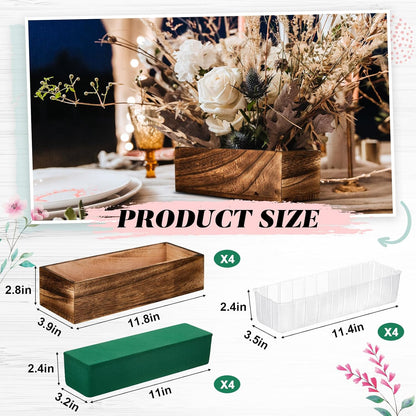 Dandat 4 Set Wood Boxes for Centerpieces Rectangle Wooden Planter Box Rustic Wood Planter with Removable Plastic Liner Floral Foam Blocks for Centerpieces Home Wedding Garden Decor (12x4 Inch)