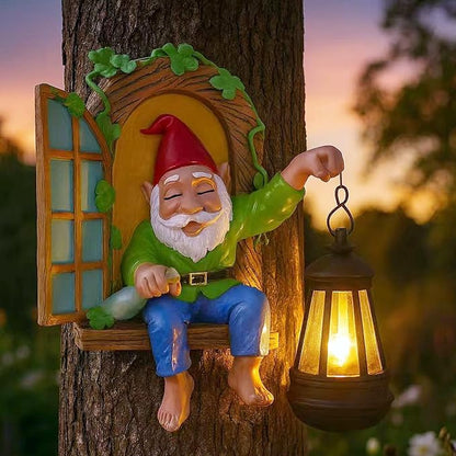 Gnome Statues Solar Lantern Whimsical Elf Out The Door Tree Hugger Figurines Tree Faces Decor Outdoor Fairy Garden Wall Art Decorations for Yard Patio Fence Ideal Gifts