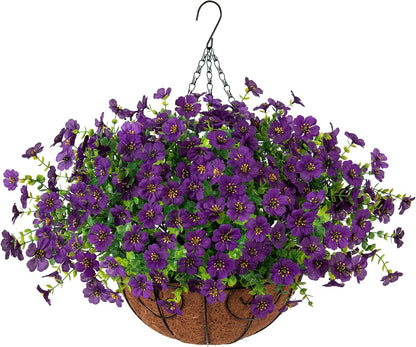 Artificial Fake Hanging Plants Flowers with Basket Outdoor Decor Faux Silk Dasiy Flower Arrangements in Pot Planter for Porch Home Indoor Patio Garden Yard Decoration