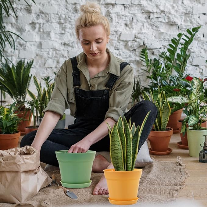 WOUSIWER 16 Pack 6 inch Plastic Planters, Indoor Flower Pots, Heavy Duty and Stylish 6 Inch Plant Pots for Indoor Plants with Drainage Holes and Tray for Plants, Flowers, Colorful