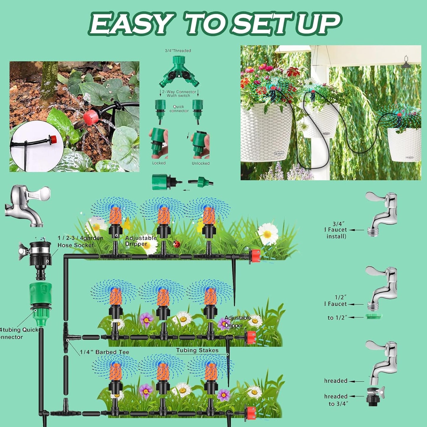 Drip Irrigation System - Irrigation System for Garden w/ 1/4" & 1/2" Fast-Lock Tubing - Adjustable Nozzles & Sprinklers Garden Watering System(164FT Kits)