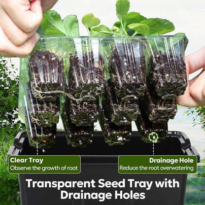 MIXC Seed Starter Kit with Grow Light, Elevated Seedling Tray Kit with Adjustable Humidity Dome and Clear Cell Tray, 12 Full Spectrum Led Beads for Seed Starting Greenhouse, 6 Pack, Black