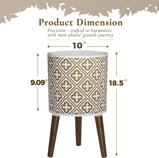 naclto 10 Inch Planter with Stand, Plant Pot for Indoor Plants, Large Modern Flower Pots Indoor Outdoor with Drainage for Home Garden Patio, White ＆ Gold
