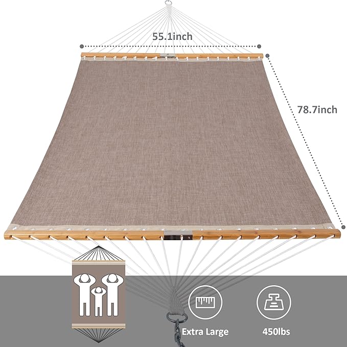 SUNCREAT Quick Dry Hammocks Standing Backyard Hammock with Stand, 2 Person Heavy Duty Hammock with 13.5 ft Wooden Stand, Brown