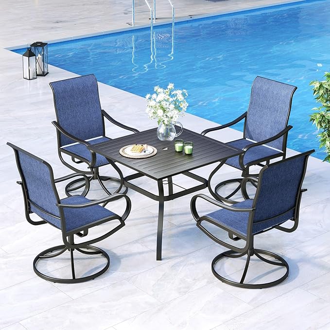 MFSTUDIO Patio Table and Chairs Set of 4, Outdoor Dining Set with Metal Table and Swivel Chairs, 5 Piece Patio Furniture Set for Deck/Backyard/Poolside/Garden