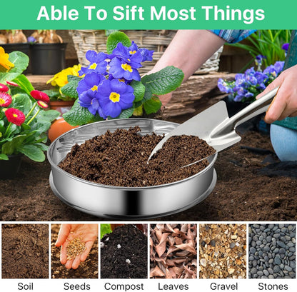 Soil Sifter for Gardening, Soil Sifter and Shovel Set, 11.8'' Stainless Steel Sand Sifter for Gardening, Dirt Sifter Strainer for Sand Rocks Dirt Seed Compost