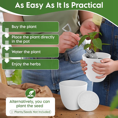 Indoor Garden Kit - Plant Pots with Drainage, Watering Can & Tools - Ideal Windowsill Planter Set - Modern Home & Kitchen Decor Gift - White