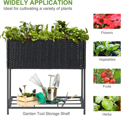 LEWIS&WAYNE Raised Garden Beds Outdoor with Legs Handmade Wicker Planter Box with Removable Liner & Storage Shelf Elevated Garden Bed for Vegetable Flower Herb - Black