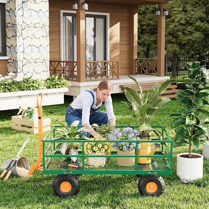 1200LB Capacity Garden Cart, 3-in-1 Heavy Duty Utility Wagon with 13" All-Terrain Tires, Removable Mesh Sides & 180° Swivel Handle - Outdoor Yard Cart for Gardening, Farming, Patio Use