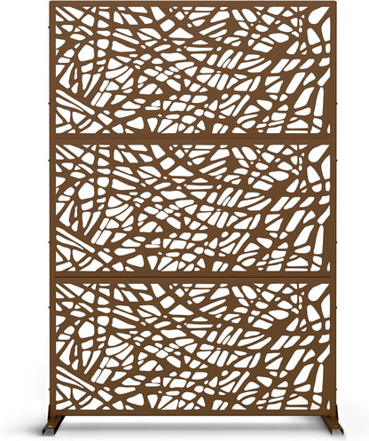 Metal Privacy Screen Outdoor 72" H×47" W,Freestanding Decorative Privacy Screen for Balcony Yard&Garden,Privacy Fence-Brown&Net
