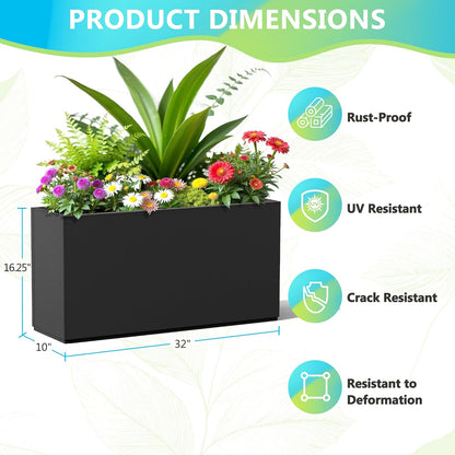 FENCY Metal Rectangular Planter Box, Large Planters for Outdoor Plants, Tall Planters for Outdoor Plants with Drainage Holes (32" L x 10" W x 16.3" H,Black)