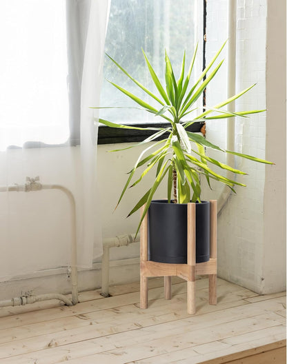 D'vine Dev Planter Pot with Stand - 8 Inch Plastic Cylinder Flower Pot with Wood Planter Holder for Indoor, Matte Black Pot + Natural Stand, 55-C-J-2