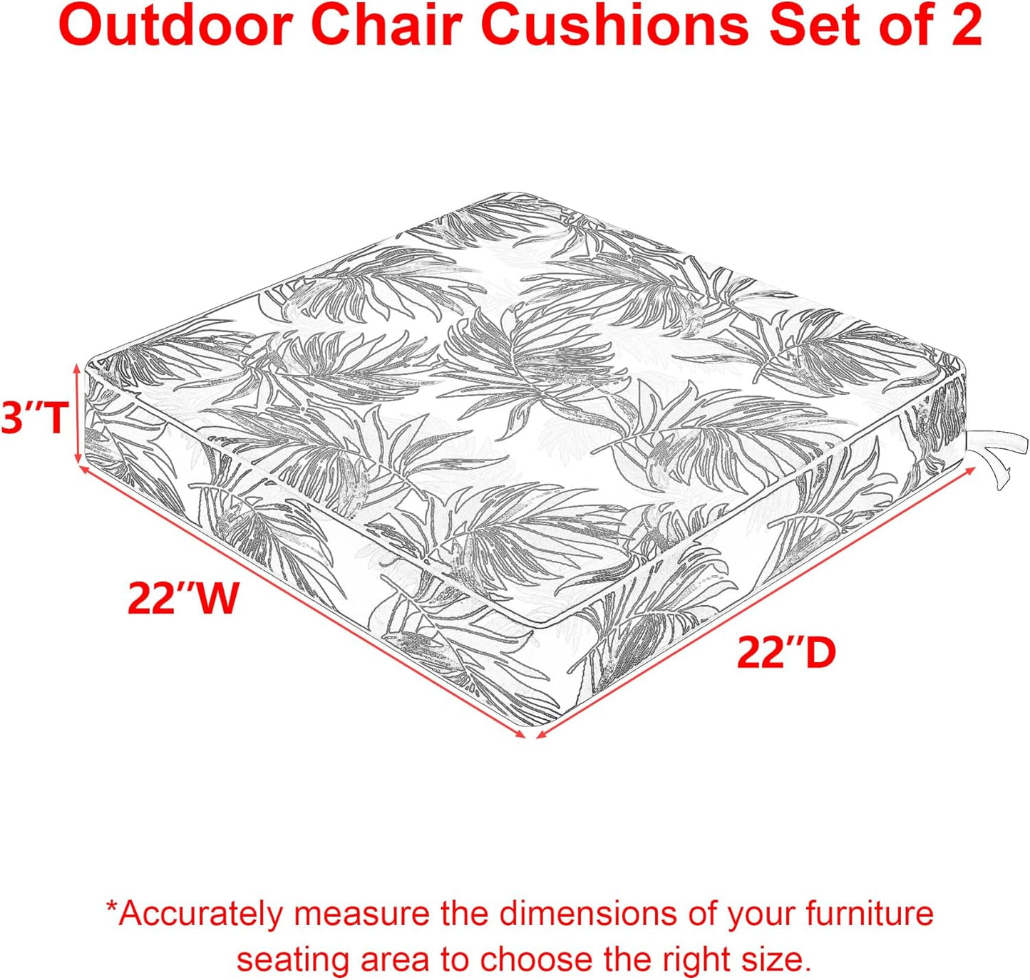 Favoyard Outdoor Chair Cushion 22 x 22 x 3 In Waterproof Pattern Fade Resistant Cushions for Patio Furniture with Removable Cover Attach Straps 28D Foam Insert Cushions Pads for Seat Sofa Couch 2 Pack