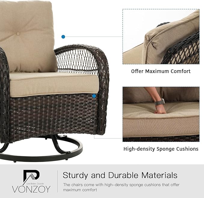 3 Pieces Patio Furniture Set, Outdoor Swivel Glider Rocker, Wicker Patio Bistro Set with Rocking Chair, Thickened Cushions and Table for Porch (Khaki)