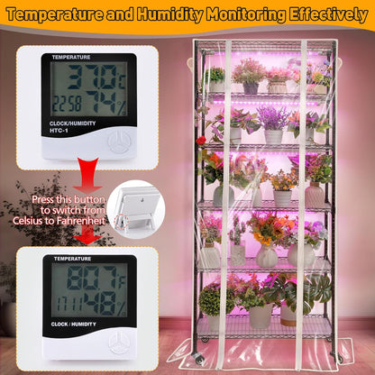 Meonum Plant Shelf with Grow Lights, 6 Tier DIY Metal Grow Rack with 90W LED Growing Lamps for Seed Starting, Indoor Greenhouse with Cover, Mechanical Timer, Thermometer, pH Meter, PP Waterproof Pads