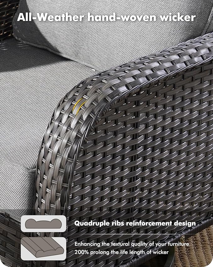 3-Piece Swivel Rocking Rattan Chair Outdoor, Patio Bistro Furniture Conversation Set, Wicker Chair with Coffee Table Dark Gray