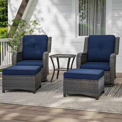 5 Piece Outdoor Patio Furniture Set Wicker Conversation Set Swivel Rocking Chairs with Side Table and Ottomans for Backyard, Porch, Deck, Blue
