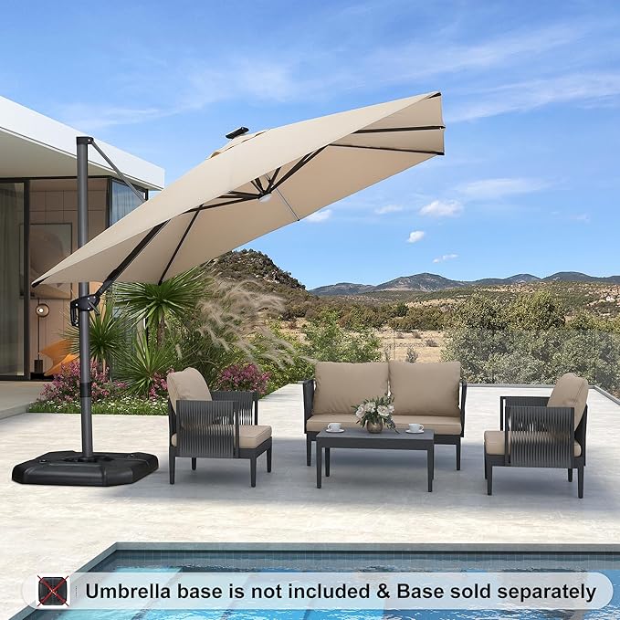 PURPLE LEAF 10 Feet Patio Umbrella Outdoor Cantilever Solar Powered LED Square Umbrella Aluminum Offset Umbrella with 360-degree Rotation for Garden Deck Pool Patio, Beige