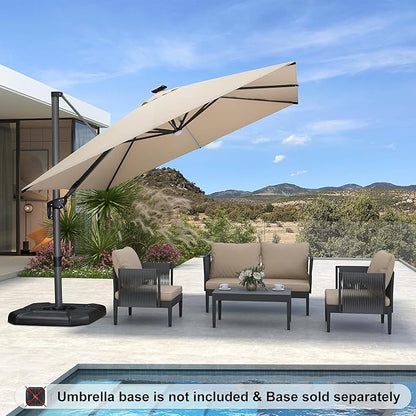 PURPLE LEAF 10 Feet Patio Umbrella Outdoor Cantilever Solar Powered LED Square Umbrella Aluminum Offset Umbrella with 360-degree Rotation for Garden Deck Pool Patio, Beige