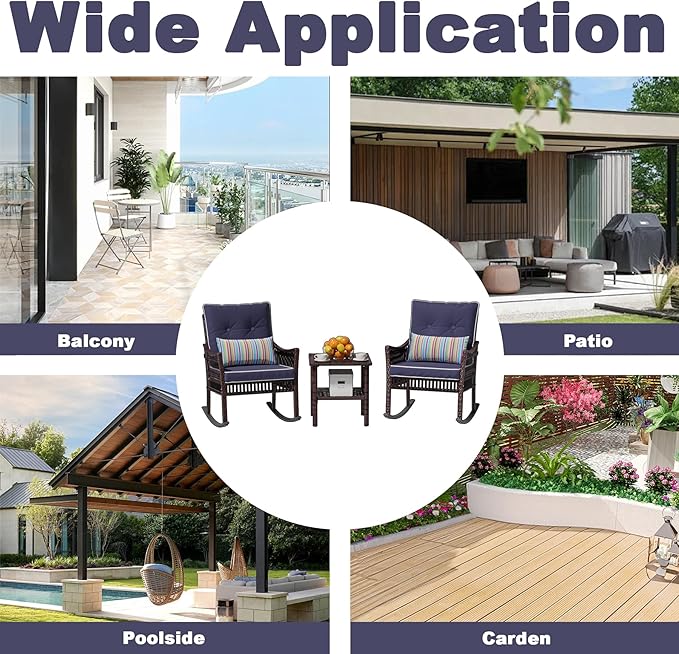 DECMICO Outdoor Rocking Chairs 3 Pieces Patio Conversation Front Porch Furniture, Wicker Bistro Set with Coffee Table for Garden and Balcony (Brown Rattan Royal Blue Cushion)