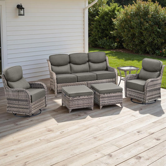 Wicker Outdoor Patio Furniture Set - 6 Piece Patio Conversation Sets with Swivel Rocker Chairs, Ottomans, Sofa and Side Table, 6 inch Cushions, Waterproof Wicker, for Porch Deck Mixed Grey/Grey