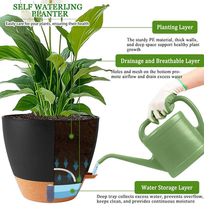 2 Pack 10 inch Plant Pots, Plastic Self Watering Planters with Drainage Holes, Deep Reservoir, Water Level Indicator, Modern Decorative Flower Pots for Indoor Outdoor Plants (Black, 10 inch)