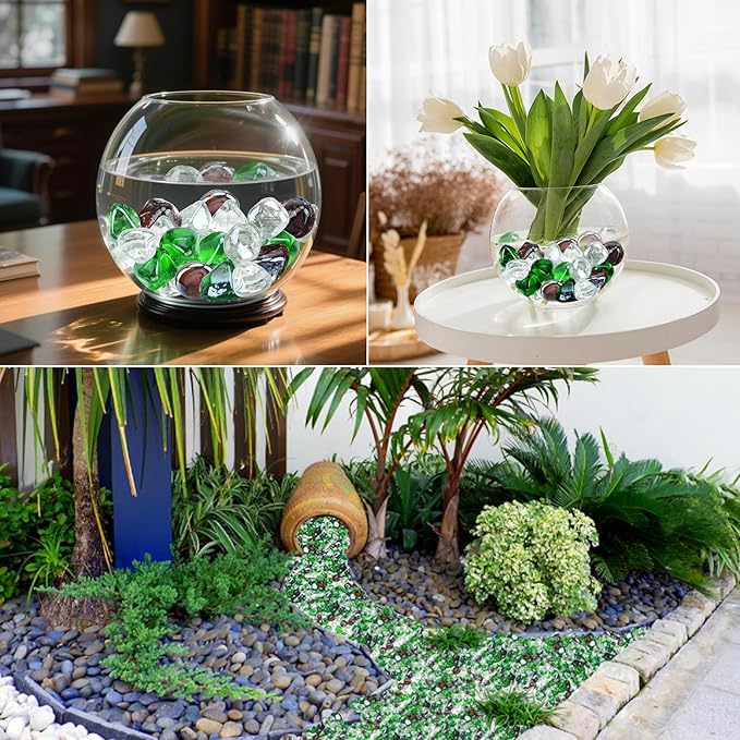 Skyflame 10-Pound Blended Fire Glass Diamonds for Fire Pit Fireplace Landscaping, 1/2 Inch Emerald Green, Crystal Ice, Amber Luster