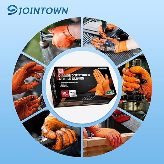 Jointown Basic Heavy Duty Nitrile Gloves, Mechanic Gloves 8 Mil Nitrile Disposable, with Raised Diamond Texture, Case of 100, Orange, XLarge