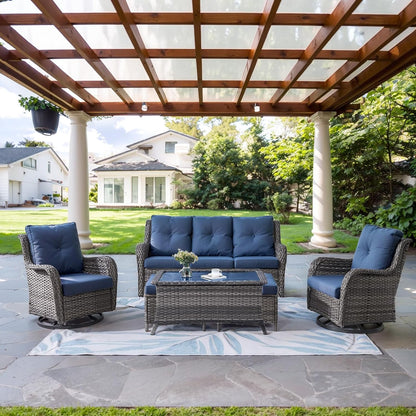 Wicker Outdoor Furniture Patio Furniture Set - 6 Piece Patio Conversation Set with Swivel Rocker Chairs, Rattan Sofa, Ottomans and Coffee Table, Blue Cushion