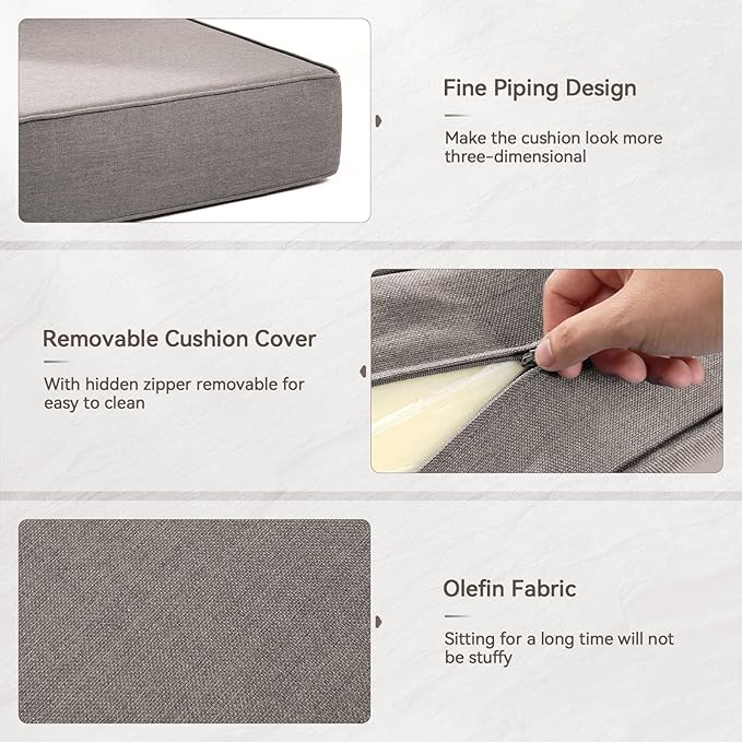 Luxury 6" Outdoor Cushions for Patio Furniture, 24x24x6" Thick Seat Cushion Set of 5, Fade Resistant Couch Chair Replacement Cushions High Density Deep Wicker Chair Cushion w/ Removable Cover Gray
