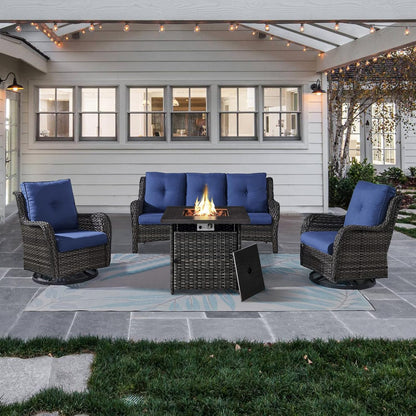 Outdoor Patio Furniture Set with 50000BTU Propane Fire Pit Table, 4 Pieces Wicker Patio Conversation Set with 2 Swivel Rocker Glider Chairs Rattan Sofa Blue Cushion Perfect for Gathering