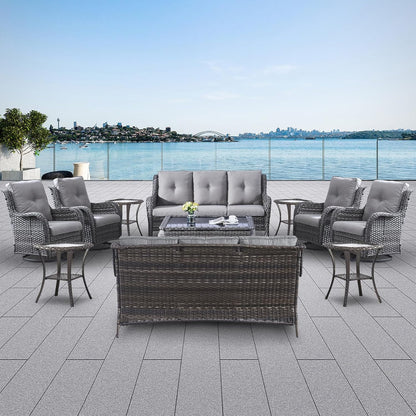 Wicker Patio Furniture Sets - 13 Piece Outdoor Rattan Furniture Conversation Sets with 4 Swivel Rocker Chairs, 2 Rattan Sofas, Wicker Ottomans and Coffee Table, Mixed Grey/Grey