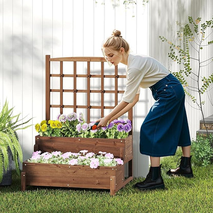 HAPPYGRILL Raised Garden Bed with Trellis, Drainage Holes, 2-Tier Wooden Elevated Planter Box w/Legs for Climbing Plants Vine Flower Herb Vegetable Fruit, Outdoor Garden Box for Patio Balcony (2)