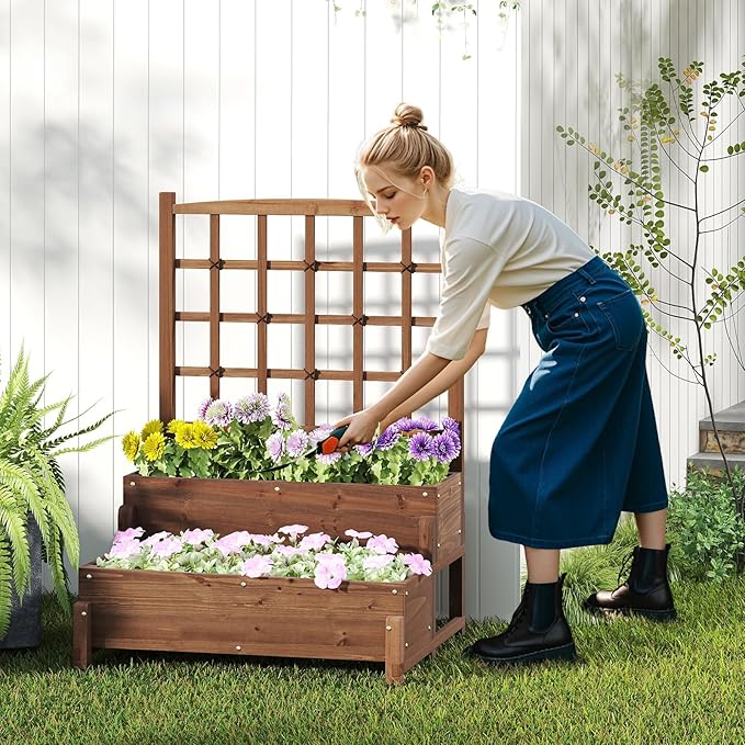 HAPPYGRILL Raised Garden Bed with Trellis, Drainage Holes, 2-Tier Wooden Elevated Planter Box w/Legs for Climbing Plants Vine Flower Herb Vegetable Fruit, Outdoor Garden Box for Patio Balcony