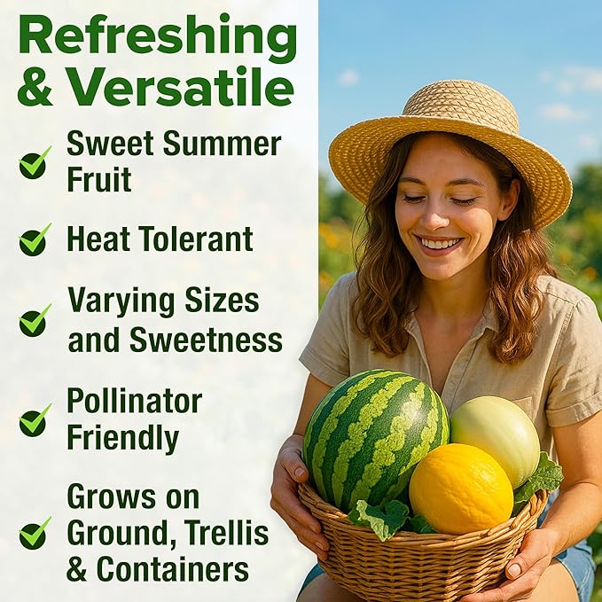 HOME GROWN 𝗨𝗦𝗔 𝗣𝗥𝗘𝗠𝗜𝗨𝗠 Melon Seeds Variety Pack 5 𝗡𝗢𝗡-𝗚𝗠𝗢 Heirloom Vegetable Seeds, Watermelon Cantaloupe Honeydew Sugar Baby & Melon, High Germination for Planting Home Garden Indoors