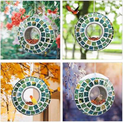 Yinns Bird Feeder - Fly Through Birds Feeder for Outside, Hanging Mosaic Glass Birdfeeder for Outdoors Circle Wild Bird Seed Container, 7-inch Green