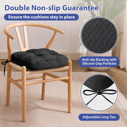Chair Cushions for Dining Chairs, Dining Chair Cushions, Tufted Indoor Chair Pads with Ties & Non Slip Backing, Seat Cushions for Kitchen Chairs 16.5” x 16.5” x 3.5”, Set of 6, Black