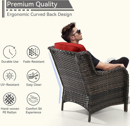 7 Pieces Outdoor Patio Conversation Set, Wicker Furniture Set Includes 3-Seat Sofa, Patio Rattan Dining Chair Set of 4, 2 Ottomans, for Porch, Yard, Mixed Brown Rattan, Red