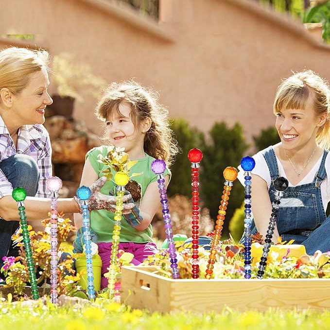 271 Pcs Beaded Garden Stakes Kit, DIY Fairy Wand Garden Stakes Beads Kit Colorful Large Hole Bead Crystal Stopper Top 9 Stainless Steel Threaded Rod Beaded Fairy Wands Supplies for Outdoor Decorative