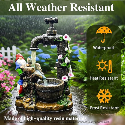 Solar Garden Gnomes Statues Outdoor Yard Decorations, 10" Resin Fountain Gnome Outside Christmas Art Decor for Lawn Patio Porch Backyard,Unique Housewarming Gifts for Women Mom Grandma