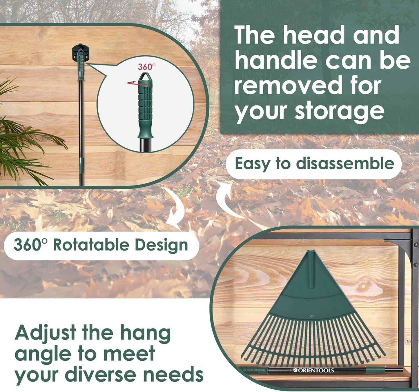 ORIENTOOLS Garden Leaf Rake, Garden Rakes for Lawns Leaves with 47-65" Adjustable Black Handle Rake, 26 Strong Tines Plastic Head Shrub Rake, Yard Garden Rake for Lawns, Flower Beds Leaves Cleaning