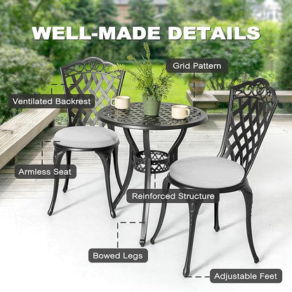 NUU GARDEN 3-Piece Patio Bistro Set Outdoor Cast Aluminum Bistro Table and Chairs Set of 2, Outdoor Patio Bistro Set with Umbrella Hole and Gray Cushions for Patio Balcony, Black