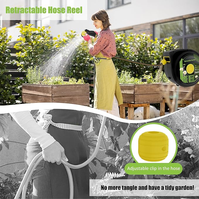 Aokia Retractable Garden Hose Reel, 65 ft x 1/2 inch Garden Hose with Auto Return System, Retractable Water Hose with 180°Swivel Wall Mounted Bracket, 9 Pattern Sprayer Nozzle & Any Length Lock