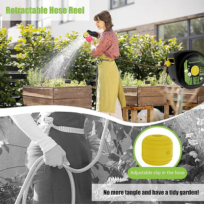 Aokia Retractable Garden Hose Reel, 65 ft x 1/2 inch Garden Hose with Auto Return System, Retractable Water Hose with 180°Swivel Wall Mounted Bracket, 9 Pattern Sprayer Nozzle & Any Length Lock