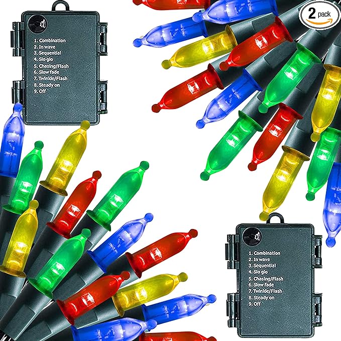 Dazzle Bright Battery Operated Christmas Lights, 2 Pack Total 32Feet 100LED Clear Mini String Lights Waterproof with 8 Modes for Xmas Indoor Outdoor Yard Holiday Wedding Decorations (Multi Color)