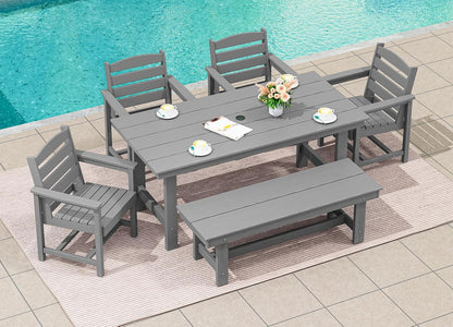 SERWALL 67" Outdoor Dining Table - HDPE All-Weather Rectangular Patio Table with Umbrella Hole, Gray