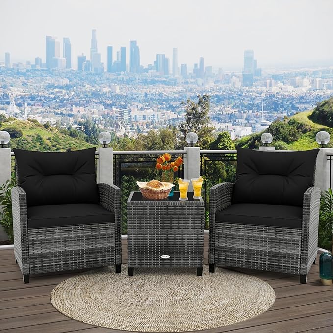 RELAX4LIFE 3 Piece Patio Furniture Set, Wicker Bistro Conversation Set w/2 Cushioned Armchairs & Glass Topped Table, Outdoor Rattan Sofa Set Patio Furniture for Porch Balcony Poolside (Grey-Black)