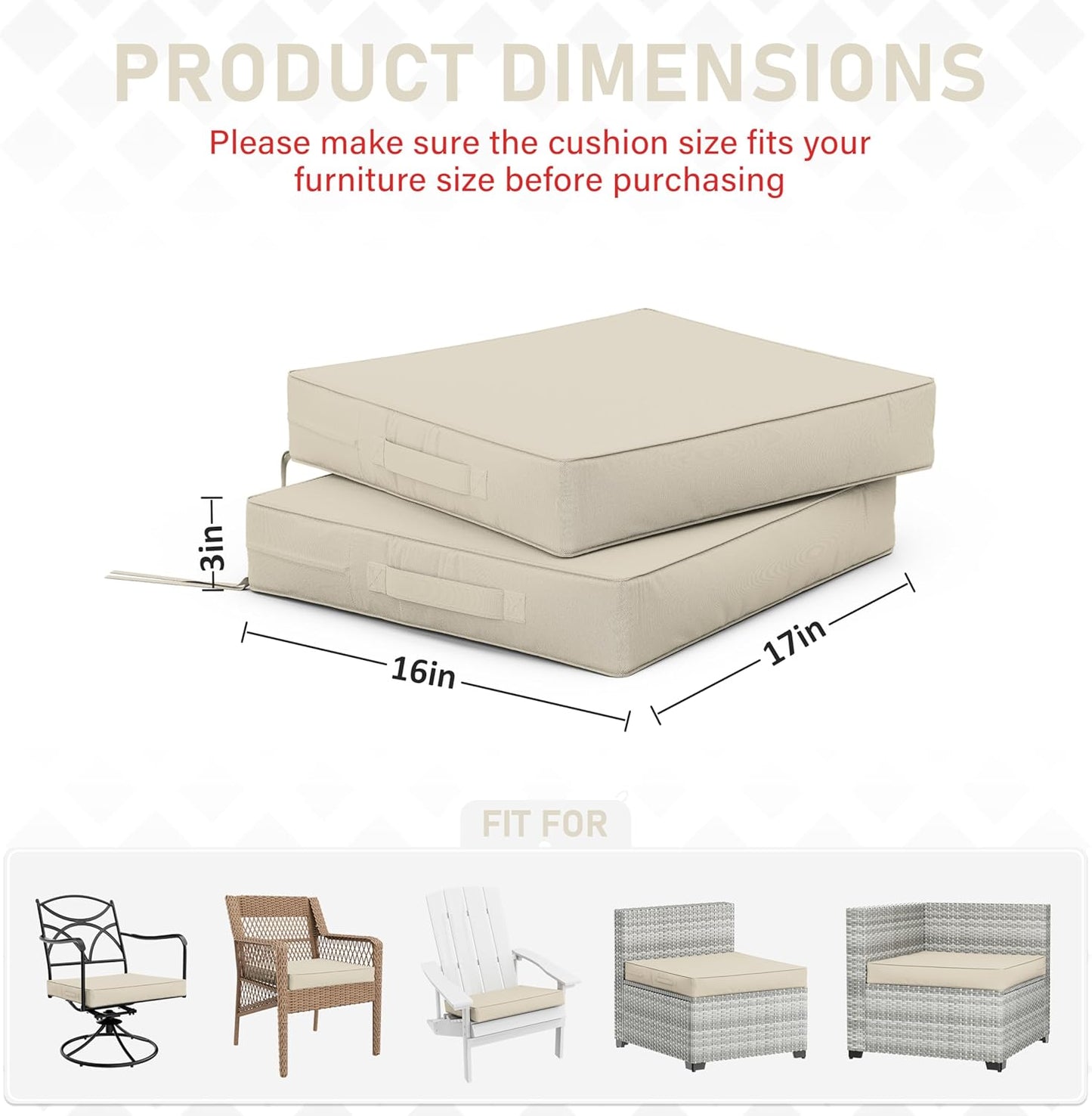 Patio Chair Cushions 17 X 16 X 3 Inch Waterproof Outdoor Seat Cushions for Patio Furniture, Outdoor Sofa Couch Pads with Ties & Handle, Set of 2, Cream